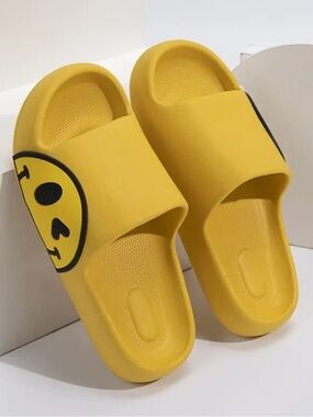 New Yellow Slide Sandals with Smiley Accent